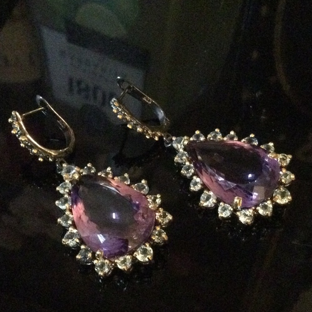 Exceptional Genuine  AAA+ Royal Purple Amethyst & Aquamarine Earrings - Picture 9 of 12
